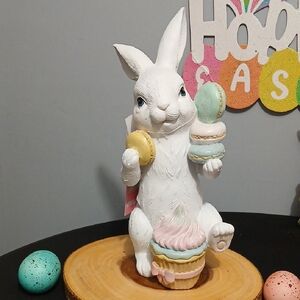 Adorable White Bunny with Pastel Macarons Decor NWT